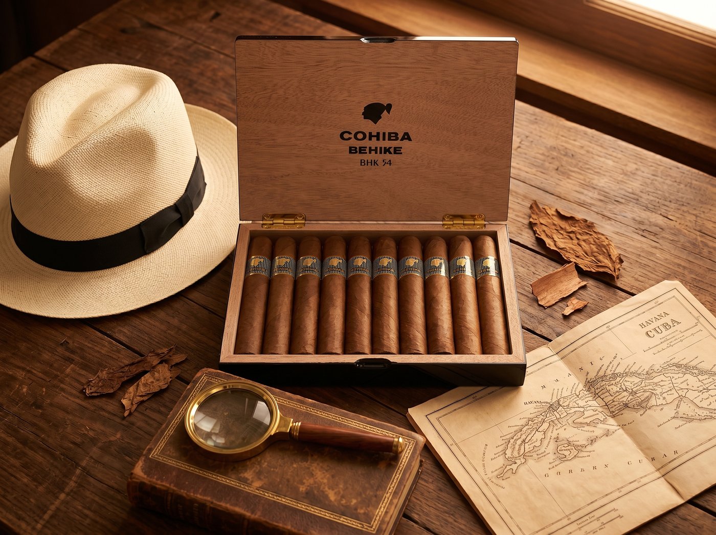 Cuban cigar buyer's guide flat-lay — Panama hat, open Cohiba Behike box, vintage map and magnifying glass