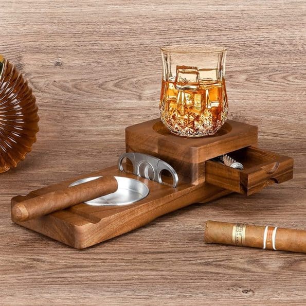 Wooden Cigar Coaster with Whiskey Glass Tray & Ashtray