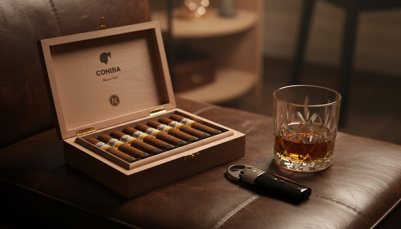 Open box of Cohiba cigars with gold and black band on leather surface