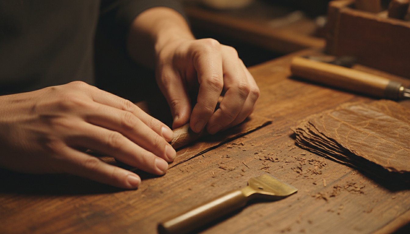 Skilled hands rolling a Cuban cigar on traditional workbench