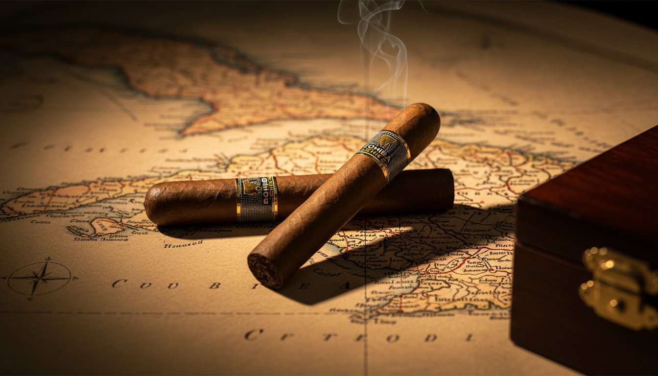 Cuban cigars with Cohiba band on vintage map of Cuba