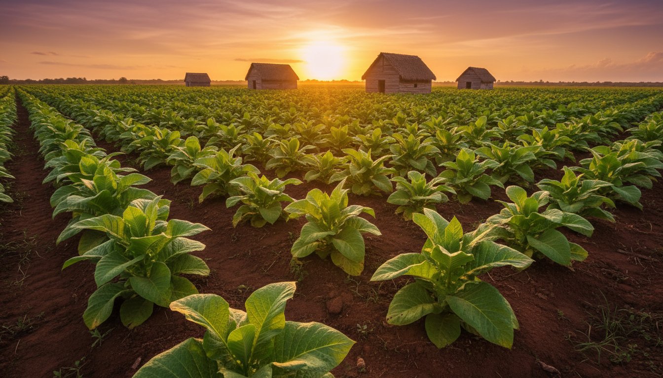Tobacco fields in Cuba Vuelta Abajo region with drying barns at sunset
