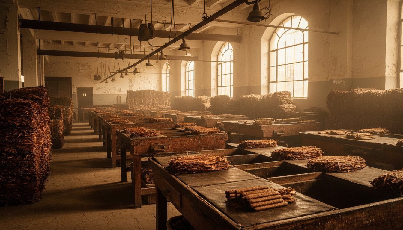 Interior of traditional Cuban cigar factory with rolling tables