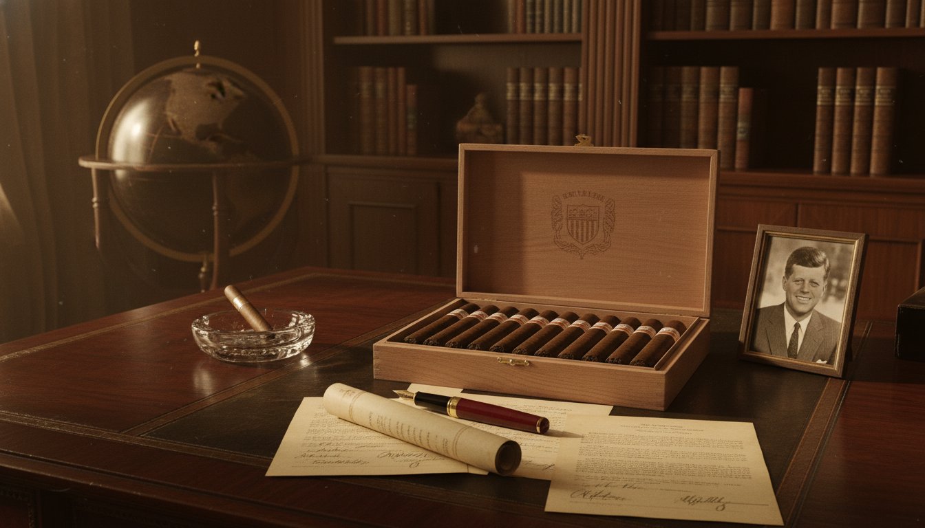 Vintage desk with cigar box and documents evoking 1960s Kennedy era