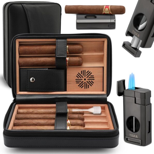 3-in-1 Leather Travel Cigar Humidor with Torch Lighter & V-Cutter