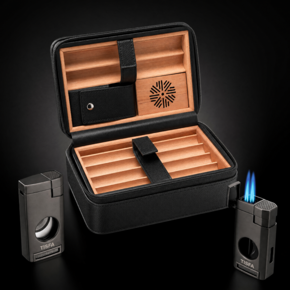 3-in-1 Leather Travel Cigar Humidor with Torch Lighter & V-Cutter