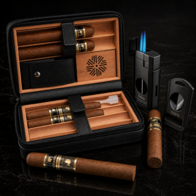 3-in-1 Leather Travel Cigar Humidor with Torch Lighter & V-Cutter