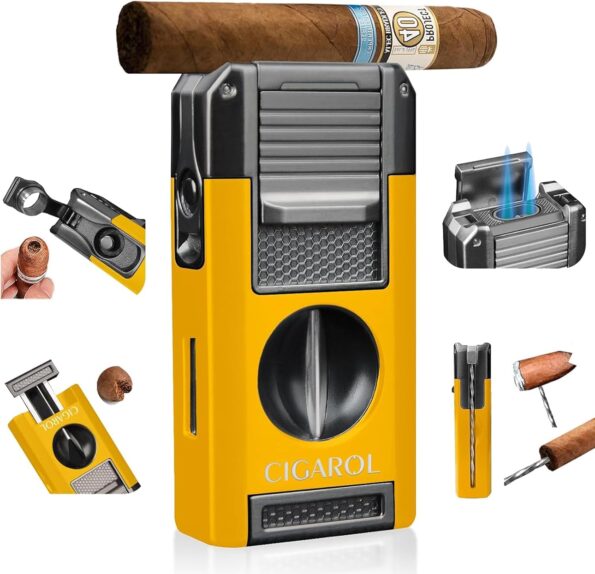 5-in-1 Double-Jet Cigar Lighter with V-Cutter, Punch & Draw Enhancer
