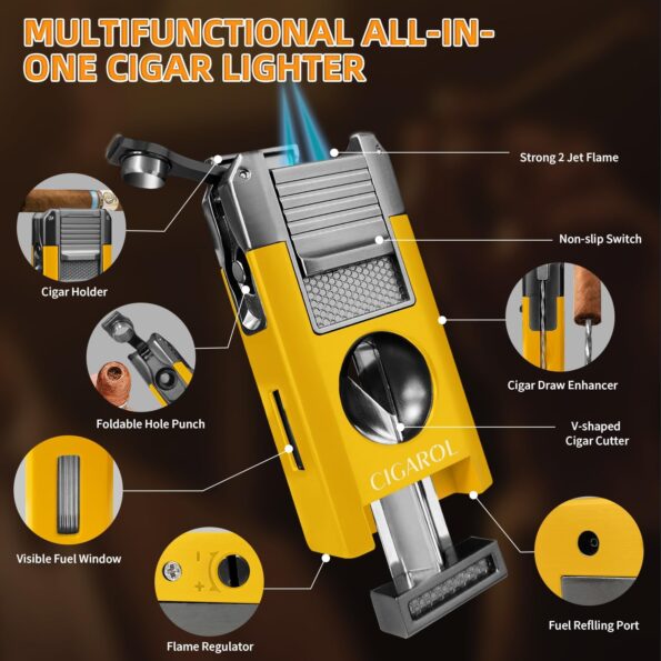 5-in-1 Double-Jet Cigar Lighter with V-Cutter, Punch & Draw Enhancer