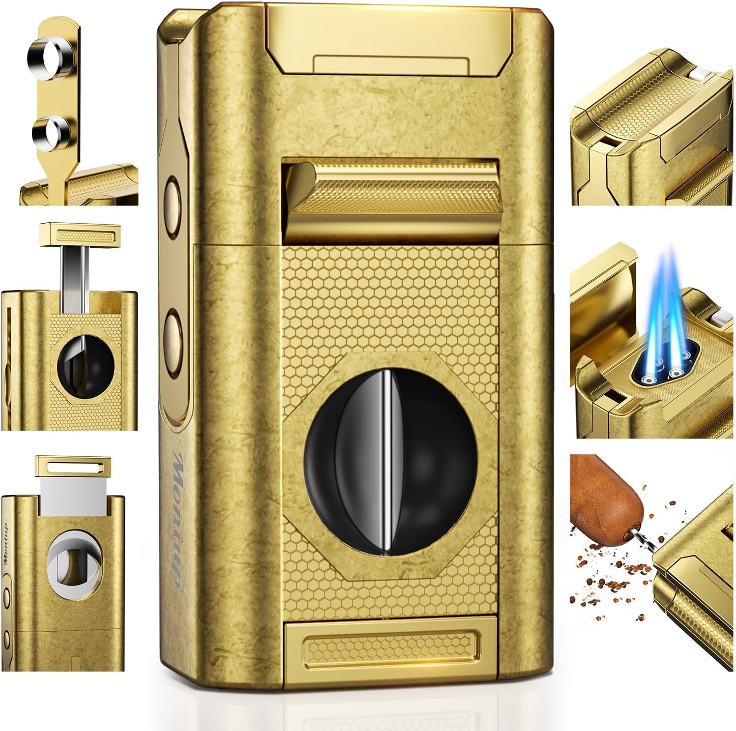 6-in-1 Quad-Flame Cigar Torch Lighter with Cutters & Punch
