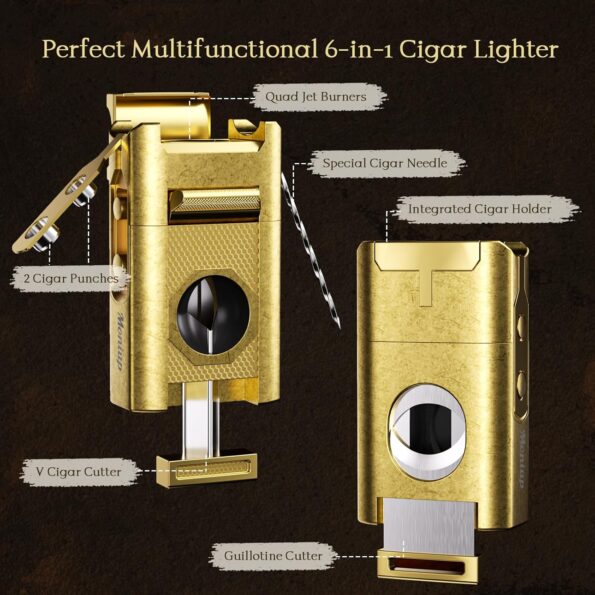 6-in-1 Quad-Flame Cigar Torch Lighter with Cutters & Punch
