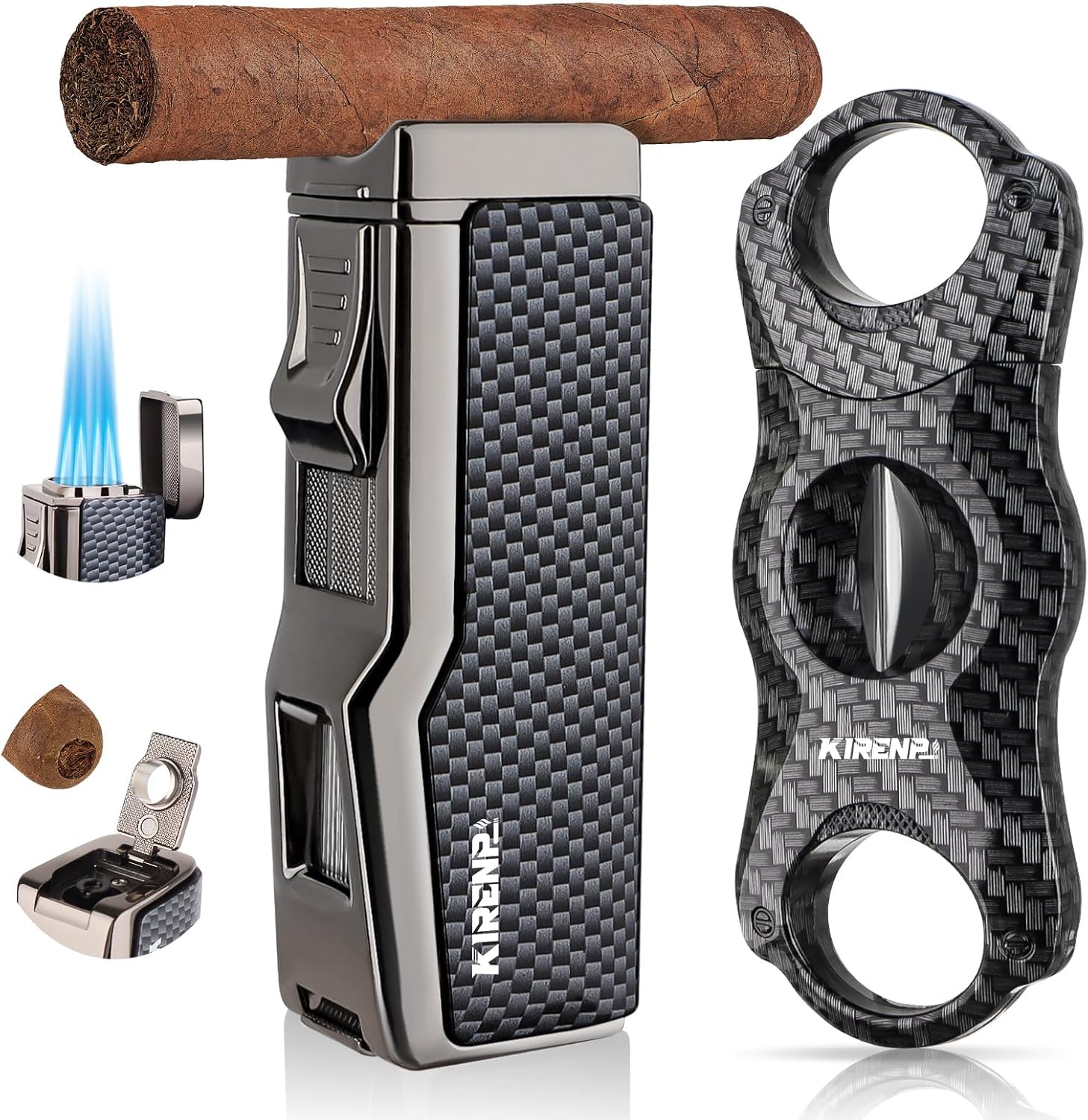 All-in-One Quad-Jet Cigar Lighter with V-Cutter & Punch (Carbon Fiber)