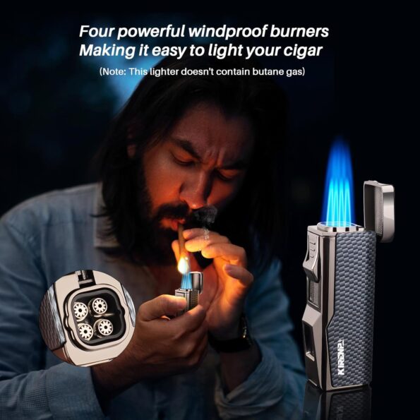 All-in-One Quad-Jet Cigar Lighter with V-Cutter & Punch (Carbon Fiber)