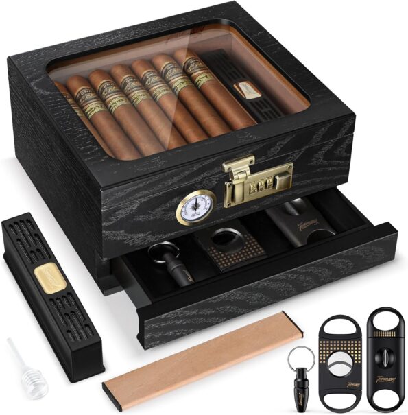Black Cedar Desktop Cigar Humidor with Glass Top, Hygrometer & Lock