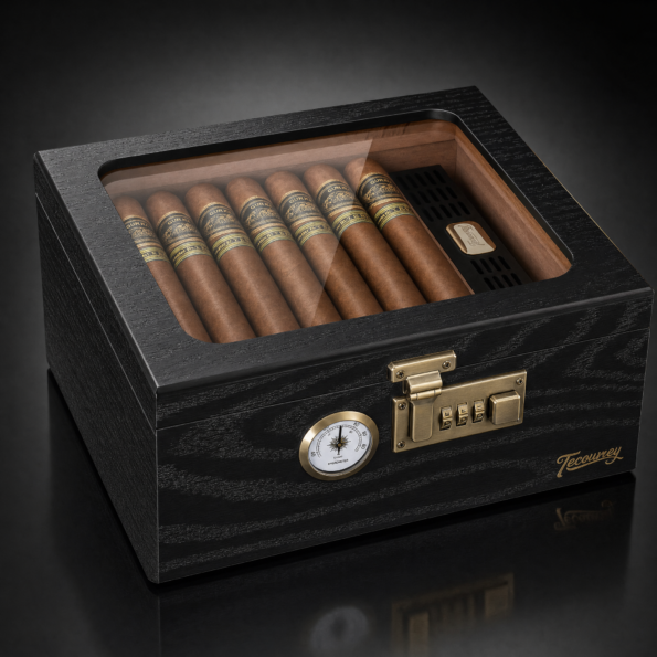 Black Cedar Desktop Cigar Humidor with Glass Top, Hygrometer & Lock