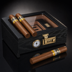 Black Cedar Desktop Cigar Humidor with Glass Top, Hygrometer & Lock with Cohiba cigars
