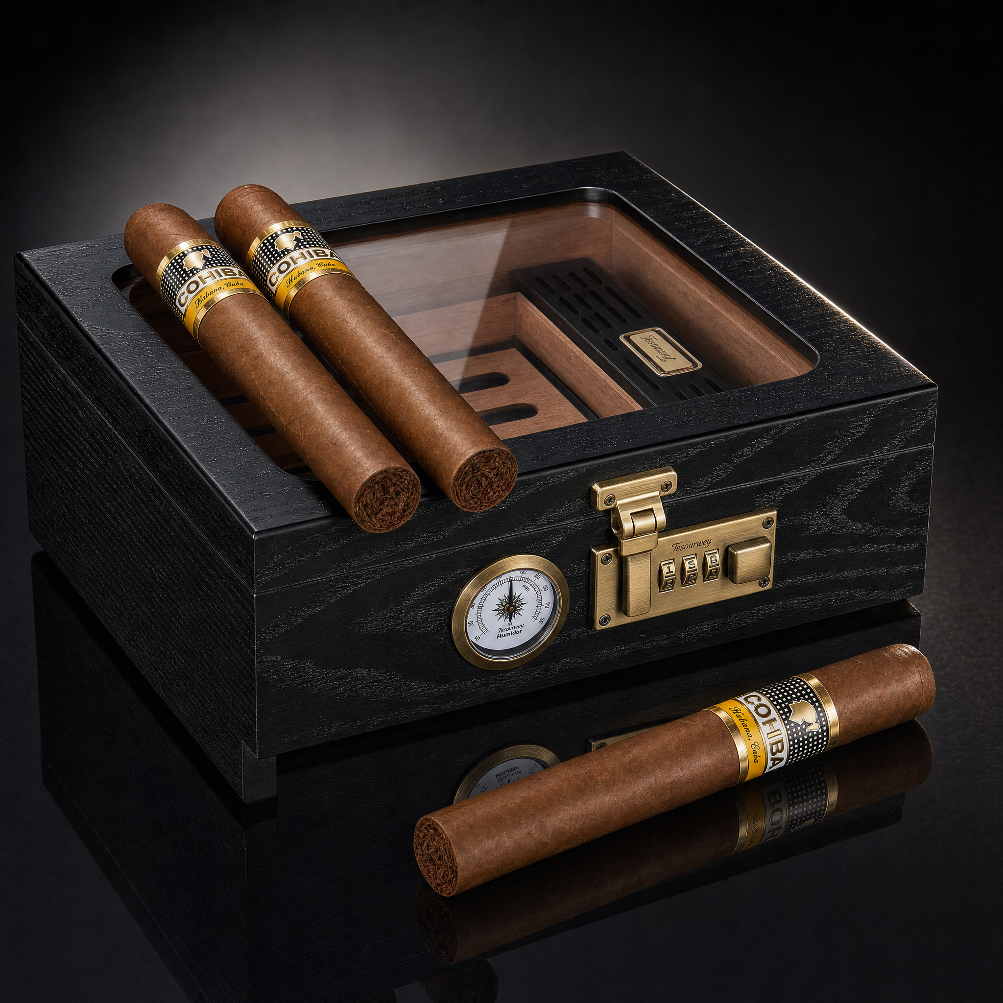 Black Cedar Desktop Cigar Humidor with Glass Top, Hygrometer & Lock