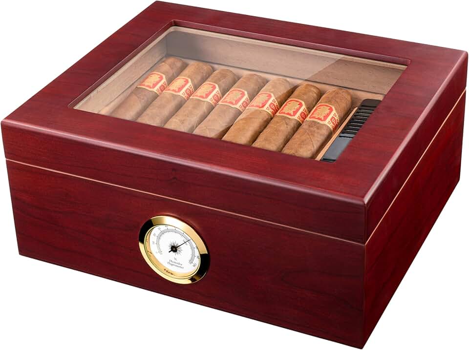 Cedar-Lined Desktop Cigar Humidor for 25-50 Cigars with Hygrometer