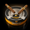 Cohiba round ceramic cigar ashtray with two Cohiba cigars resting, premium lounge