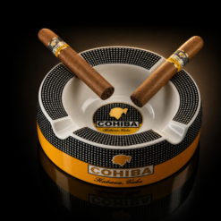 Cohiba round ceramic cigar ashtray with two Cohiba cigars resting, premium lounge