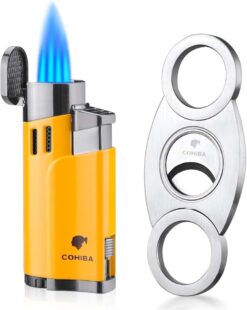 Yellow Cohiba-logo cigar set with four-jet torch lighter, guillotine cutter, and gift-style box.