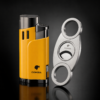 Cohiba yellow 4-jet torch lighter and stainless steel cigar cutter set on a premium dark studio background