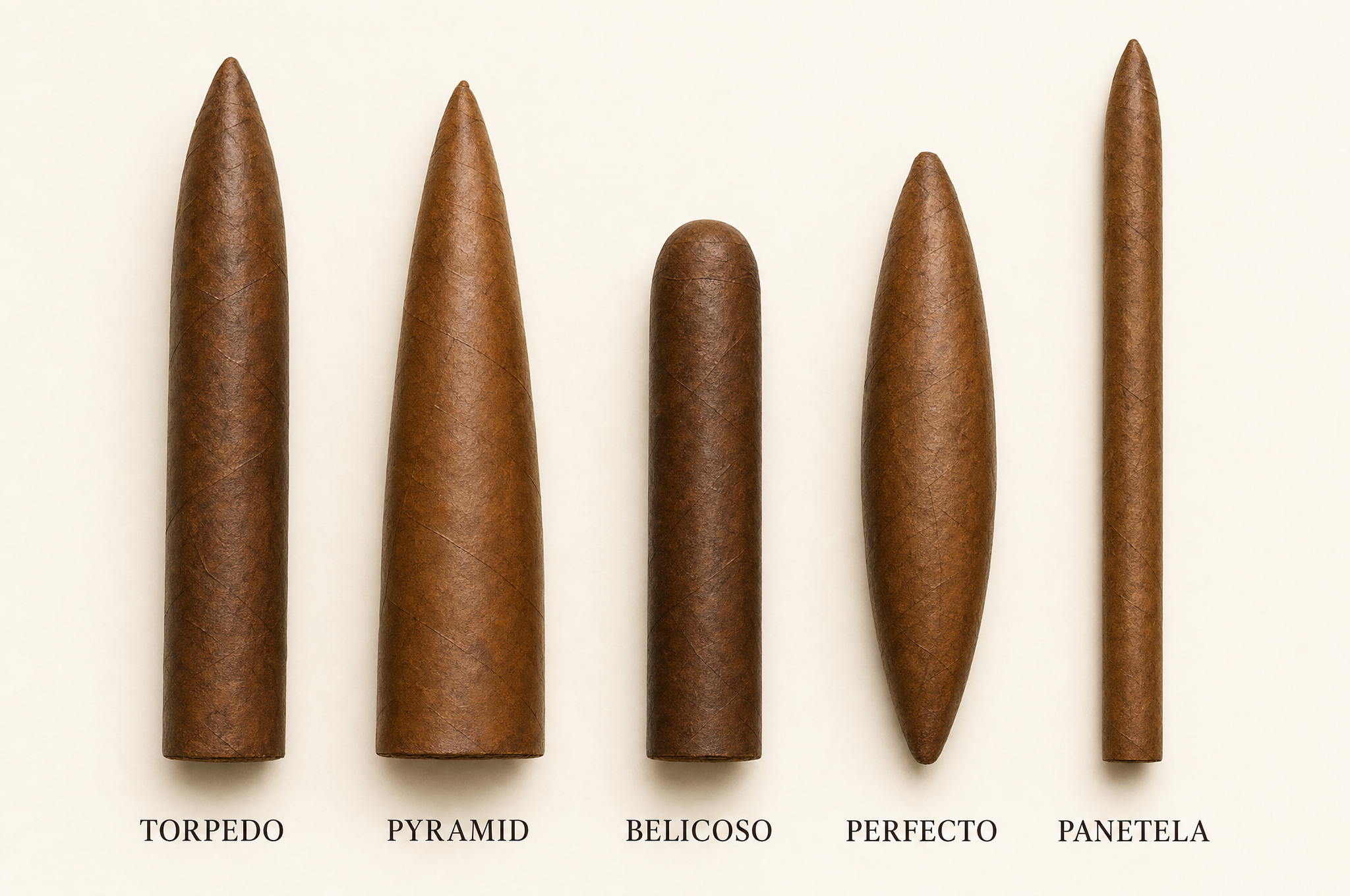 Labeled chart of Cuban figurado cigar shapes — torpedo, pyramid, belicoso, perfecto and panetela