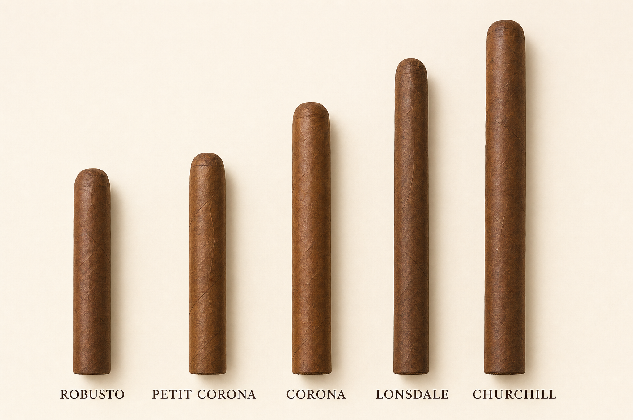 Labeled chart of Cuban cigar sizes from Robusto and Petit Corona to Lonsdale and Churchill