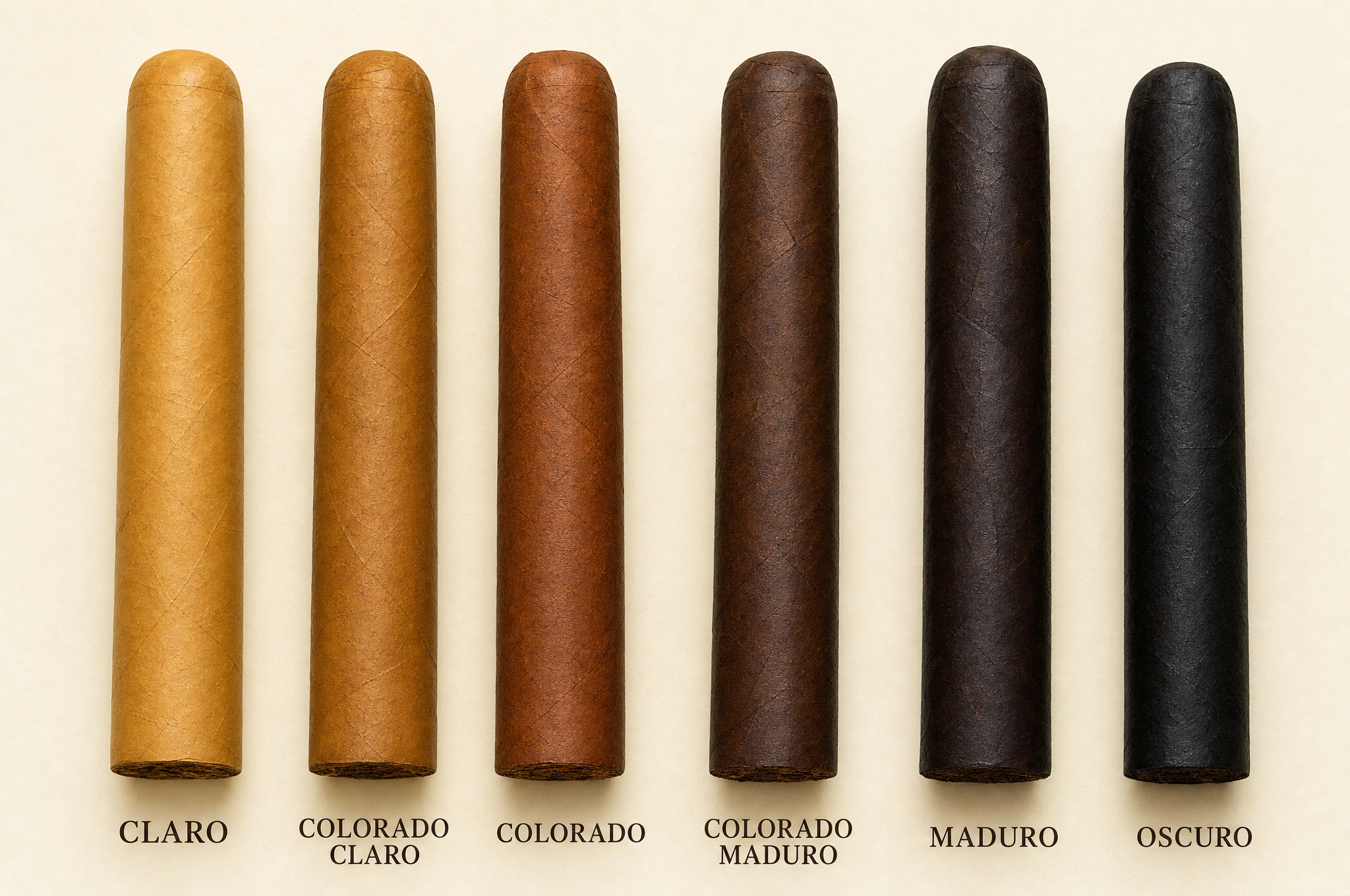 Labeled chart of Cuban cigar wrapper colours from Claro and Colorado to Maduro and Oscuro