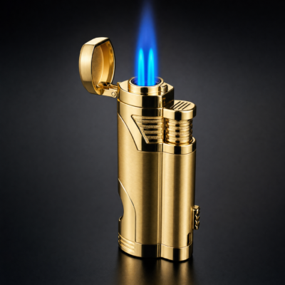 Gold 2-Jet Cigar Torch Lighter with Built-in Punch