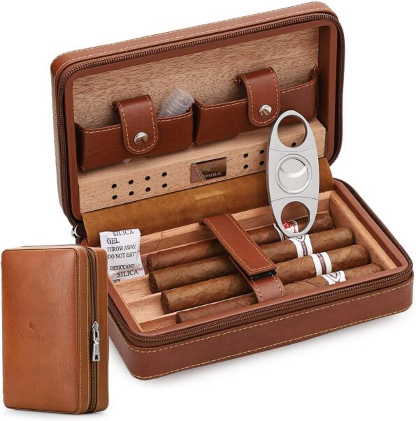 Leather & Spanish Cedar Cigar Travel Case with Cutter & Humidifier