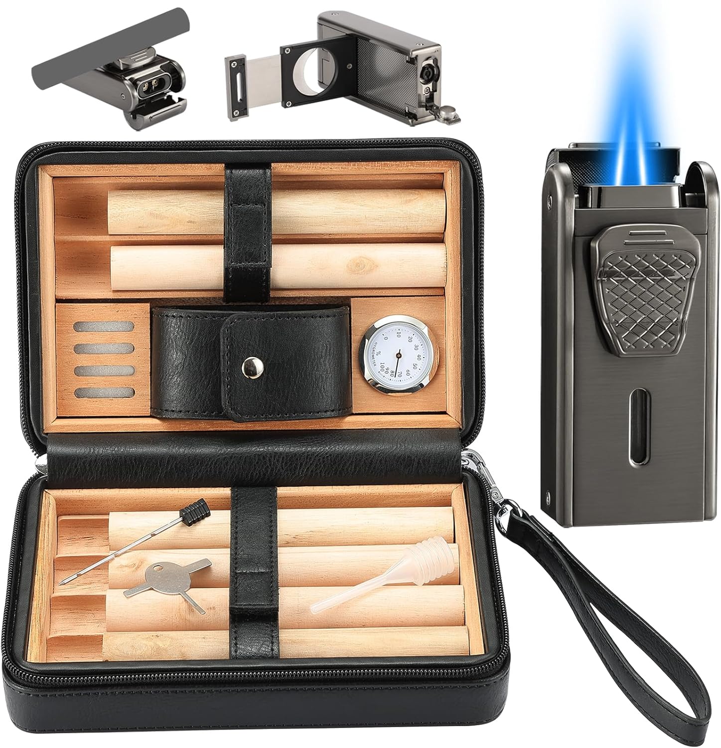 Leather Cedar Cigar Travel Case with Double-Jet Torch Lighter & Cutter
