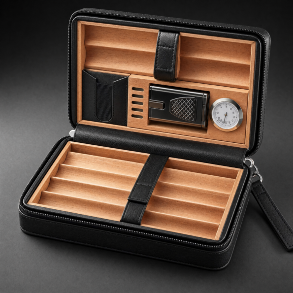 Leather Cedar Cigar Travel Case with Double-Jet Torch Lighter & Cutter
