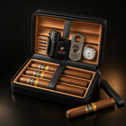 Leather Cedar Cigar Travel Case with Double-Jet Torch Lighter & Cutter with Cohiba cigars