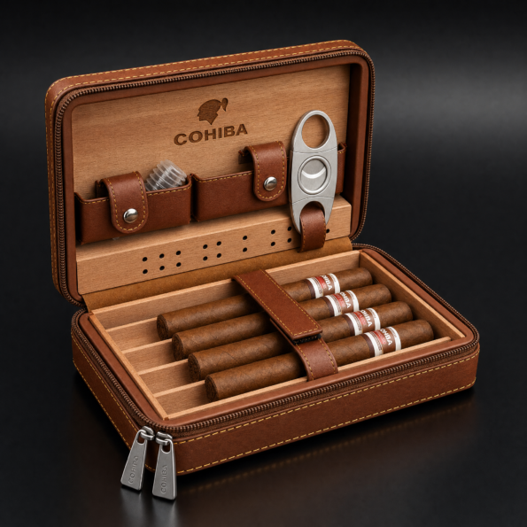 Leather & Spanish Cedar Cigar Travel Case with Cutter & Humidifier