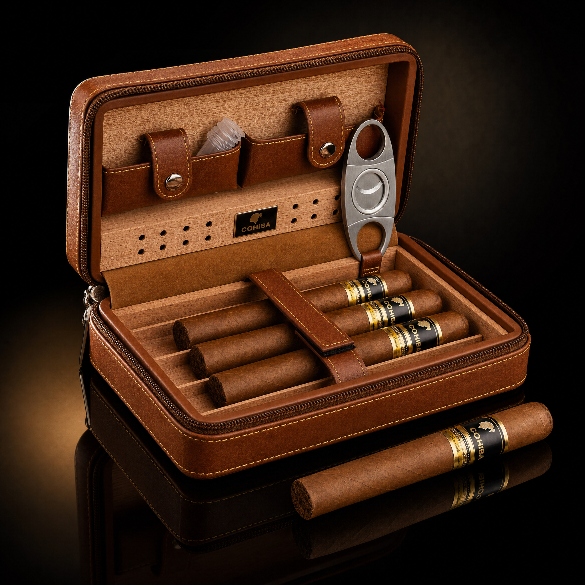 Leather & Spanish Cedar Cigar Travel Case with Cutter & Humidifier
