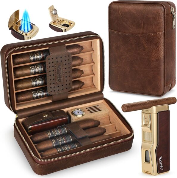 Leather Travel Cigar Humidor Kit with Torch Lighter, Punch & Hygrometer