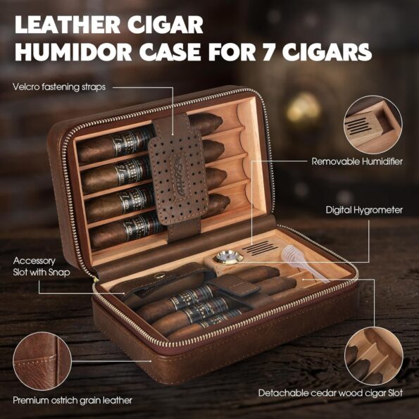 Leather Travel Cigar Humidor Kit with Torch Lighter, Punch & Hygrometer