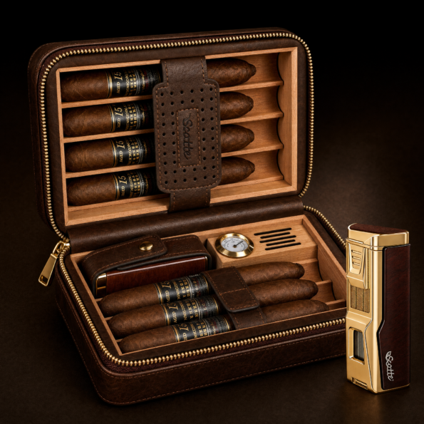 Leather Travel Cigar Humidor Kit with Torch Lighter, Punch & Hygrometer