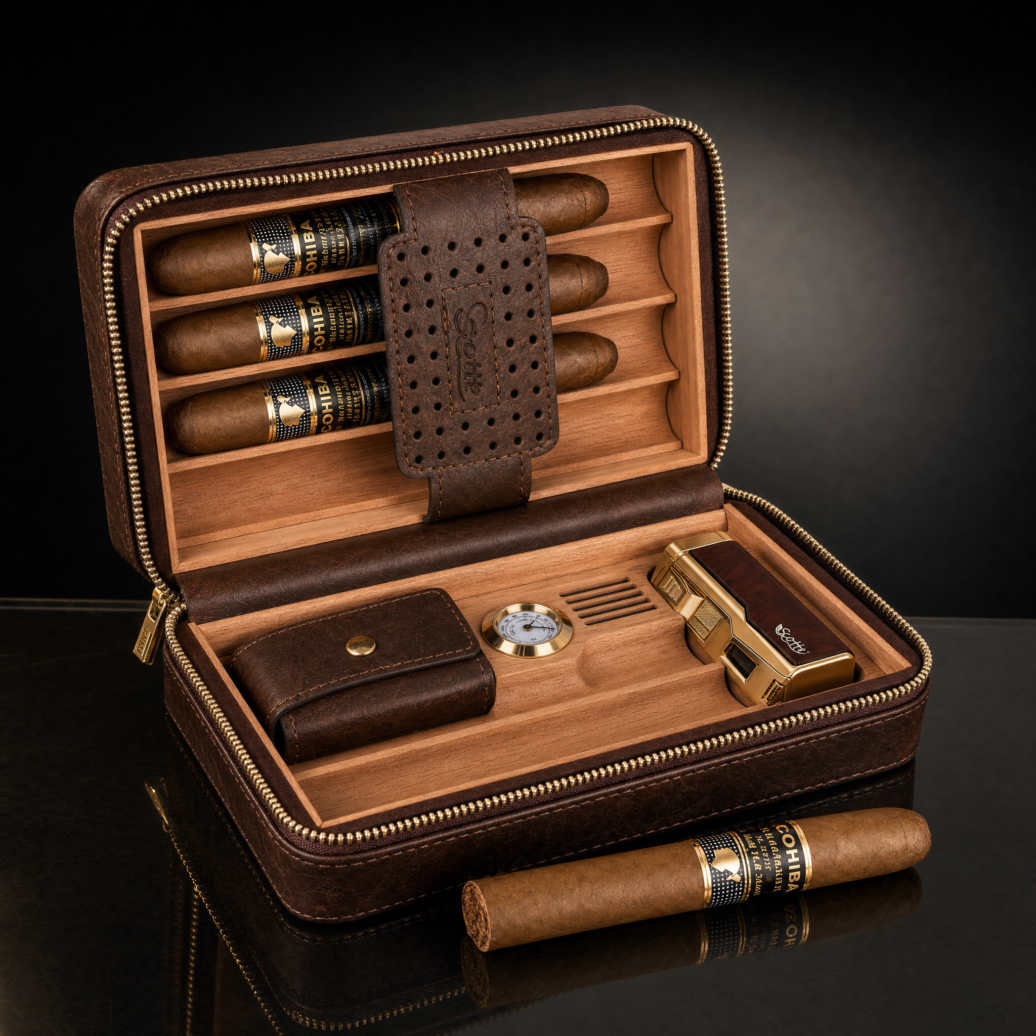 Leather Travel Cigar Humidor Kit with Torch Lighter, Punch & Hygrometer