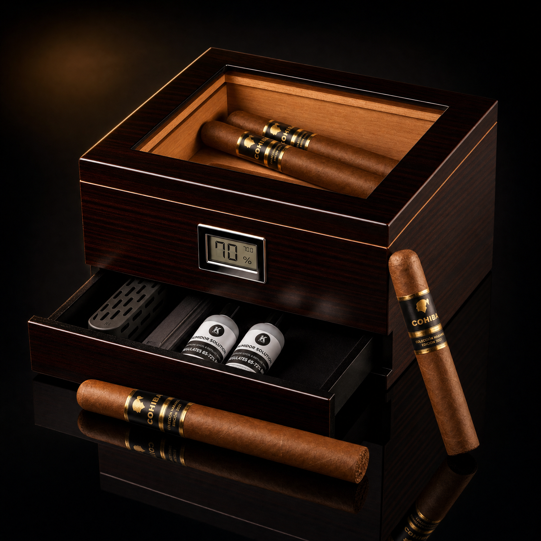 Premium Glass-Top Cigar Humidor with Thick Cedar & Digital Hygrometer