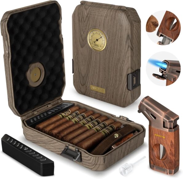 Travel Cigar Humidor Gift Set with Lighter, Cutter & Hygrometer