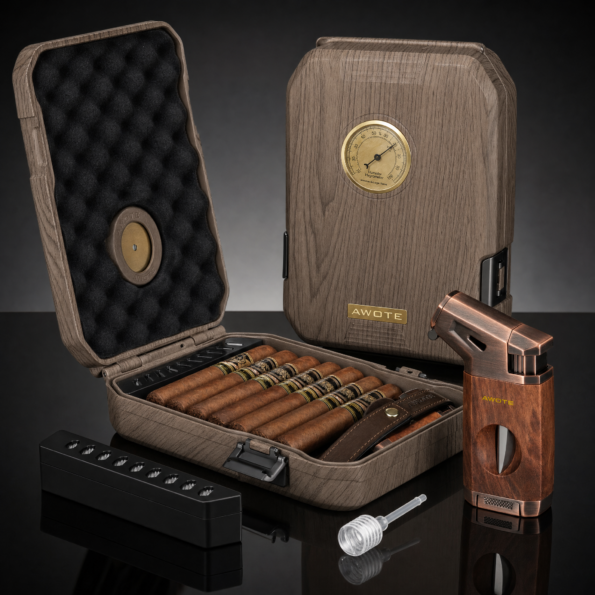 Travel Cigar Humidor Gift Set with Lighter, Cutter & Hygrometer