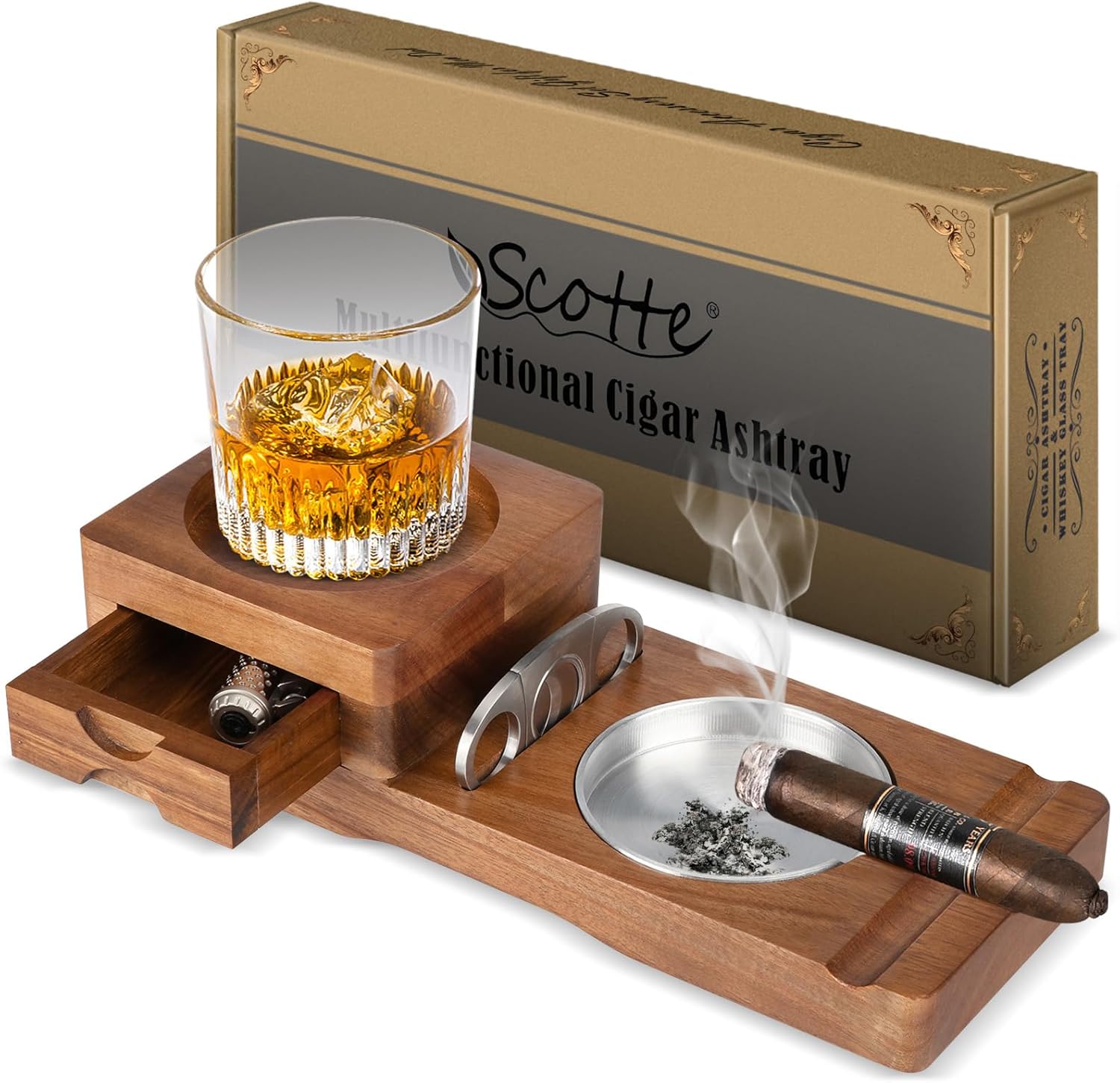 Wooden Cigar Ashtray & Whiskey Glass Tray with Cutter & Drawer