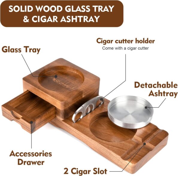 Wooden Cigar Ashtray & Whiskey Glass Tray with Cutter & Drawer