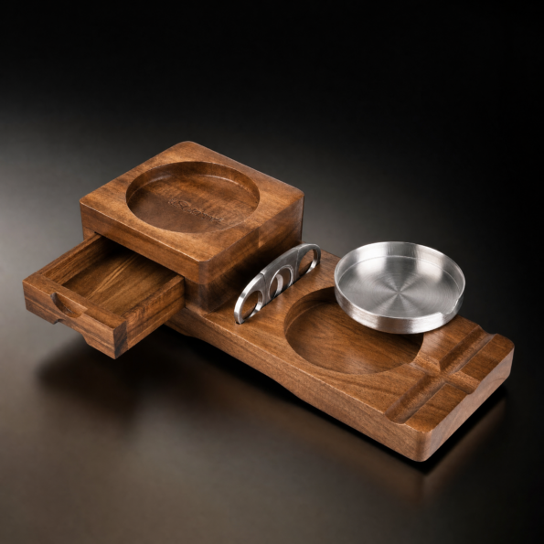 Wooden Cigar Ashtray & Whiskey Glass Tray with Cutter & Drawer
