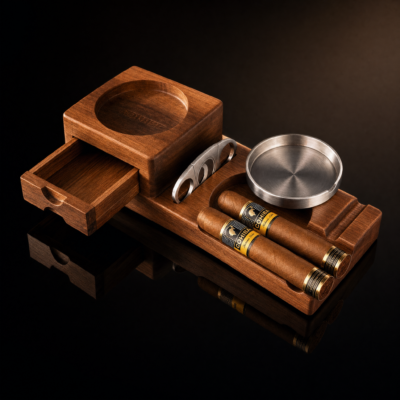 Wooden Cigar Ashtray & Whiskey Glass Tray with Cutter & Drawer