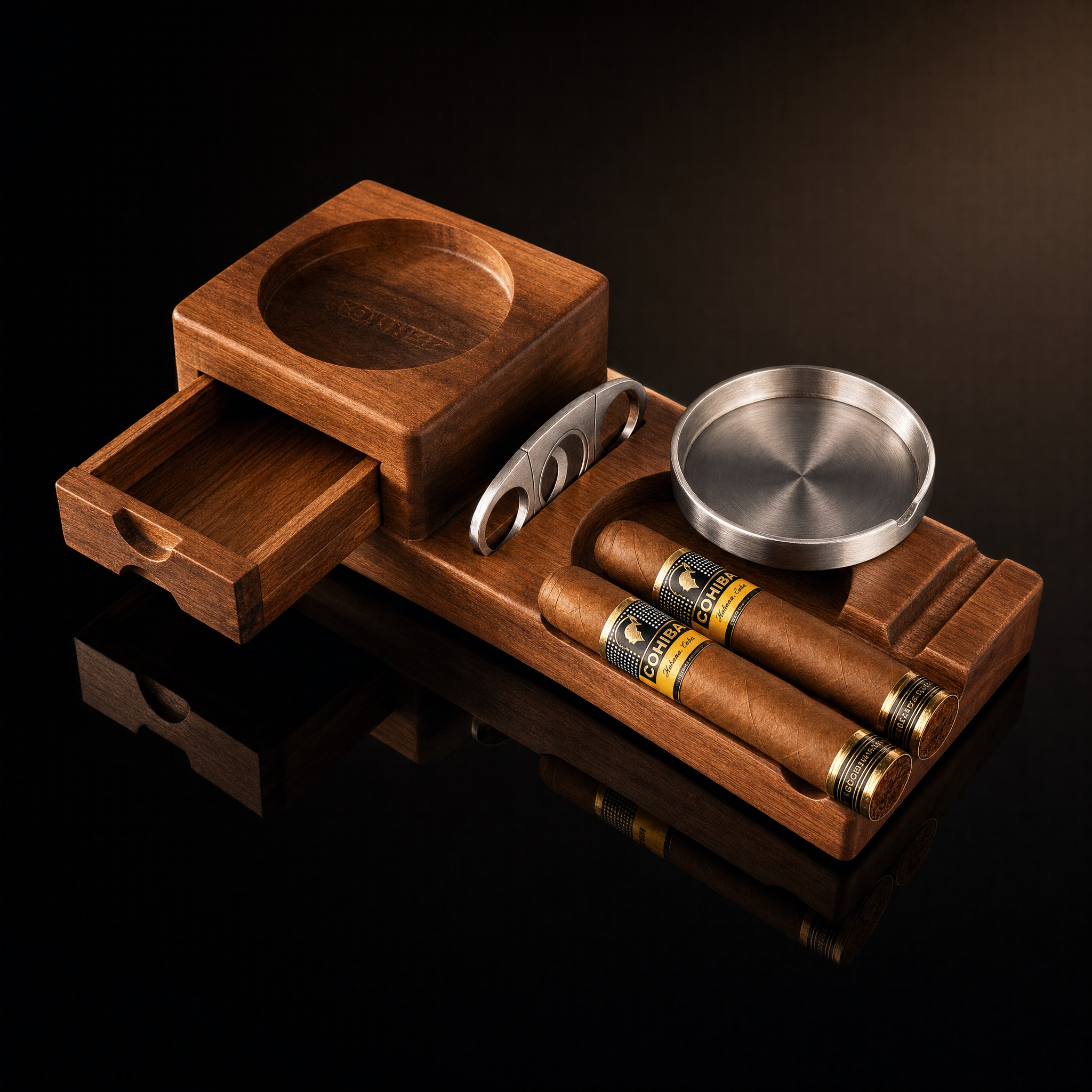 Wooden Cigar Ashtray & Whiskey Glass Tray with Cutter & Drawer