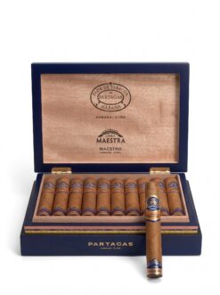 Partagas Linea Maestra Maestro box of 20 open, blue lacquered cabinet with one cigar showing the Linea Maestra band